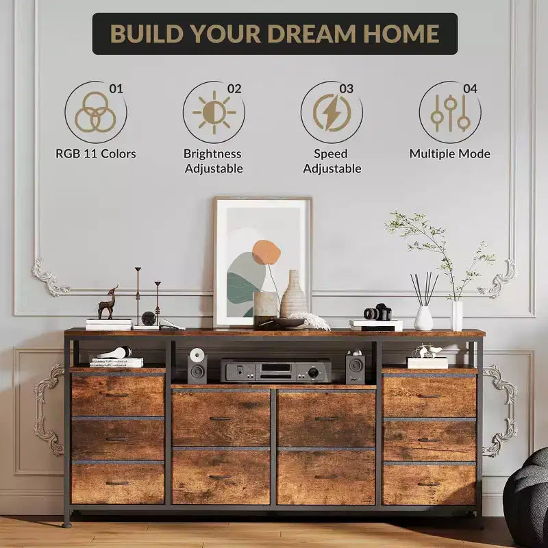 COZONY 63.3 Black Dresser w/10 Drawers, LED Lights&Power Outlets TV Stand for 65-75 Inch TV Entertainment Center for Bedroom Living Room Entryway