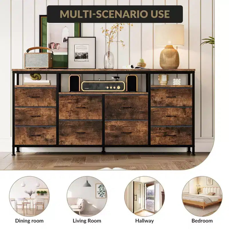 COZONY 63.3 Black Dresser w/10 Drawers, LED Lights&Power Outlets TV Stand for 65-75 Inch TV Entertainment Center for Bedroom Living Room Entryway