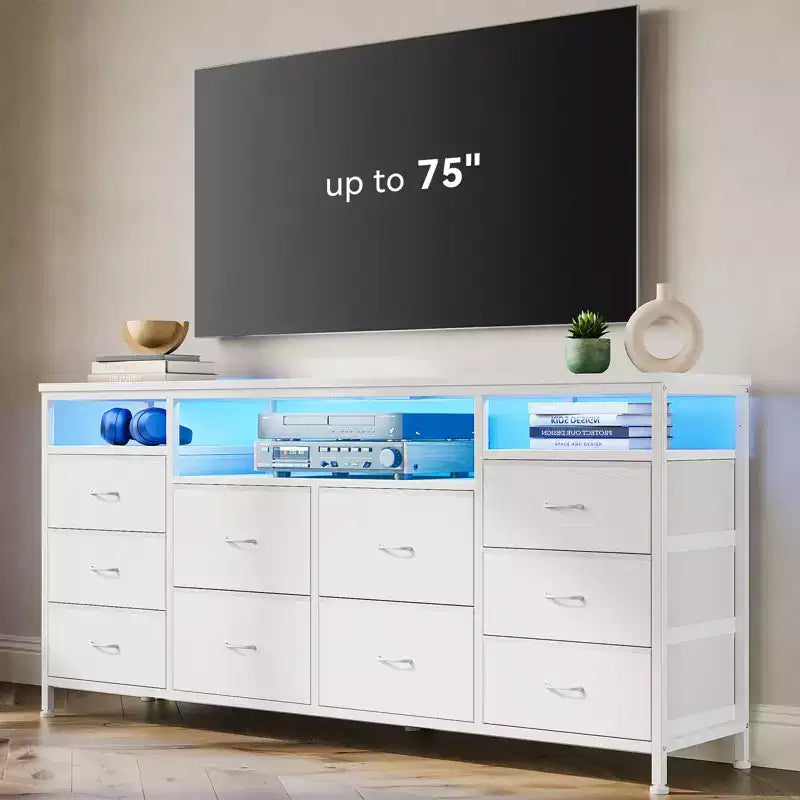COZONY 63.3 Black Dresser w/10 Drawers, LED Lights&Power Outlets TV Stand for 65-75 Inch TV Entertainment Center for Bedroom Living Room Entryway