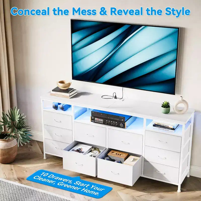 COZONY 63.3 Black Dresser w/10 Drawers, LED Lights&Power Outlets TV Stand for 65-75 Inch TV Entertainment Center for Bedroom Living Room Entryway