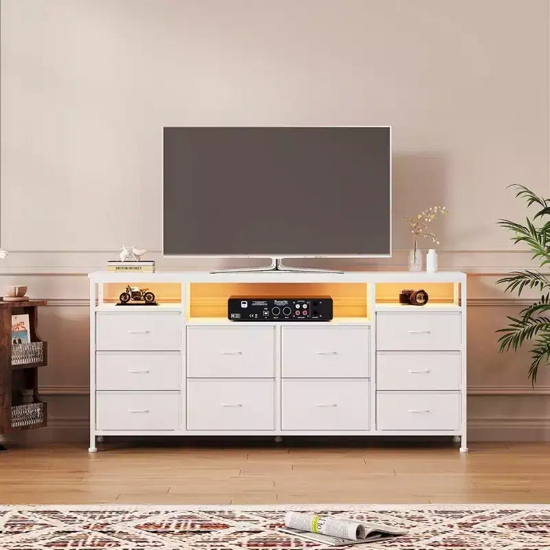 COZONY 63.3 Black Dresser w/10 Drawers, LED Lights&Power Outlets TV Stand for 65-75 Inch TV Entertainment Center for Bedroom Living Room Entryway