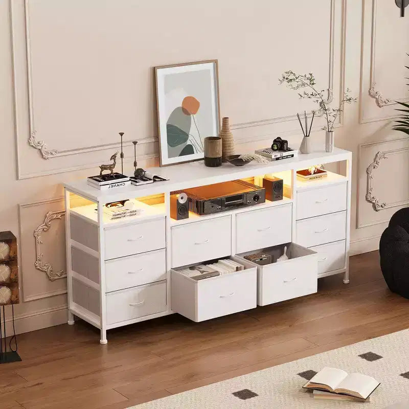 COZONY 63.3 Black Dresser w/10 Drawers, LED Lights&Power Outlets TV Stand for 65-75 Inch TV Entertainment Center for Bedroom Living Room Entryway