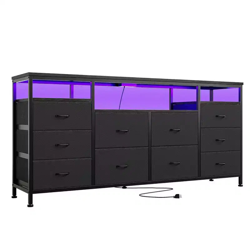 COZONY 63.3 Black Dresser w/10 Drawers, LED Lights&Power Outlets TV Stand for 65-75 Inch TV Entertainment Center for Bedroom Living Room Entryway