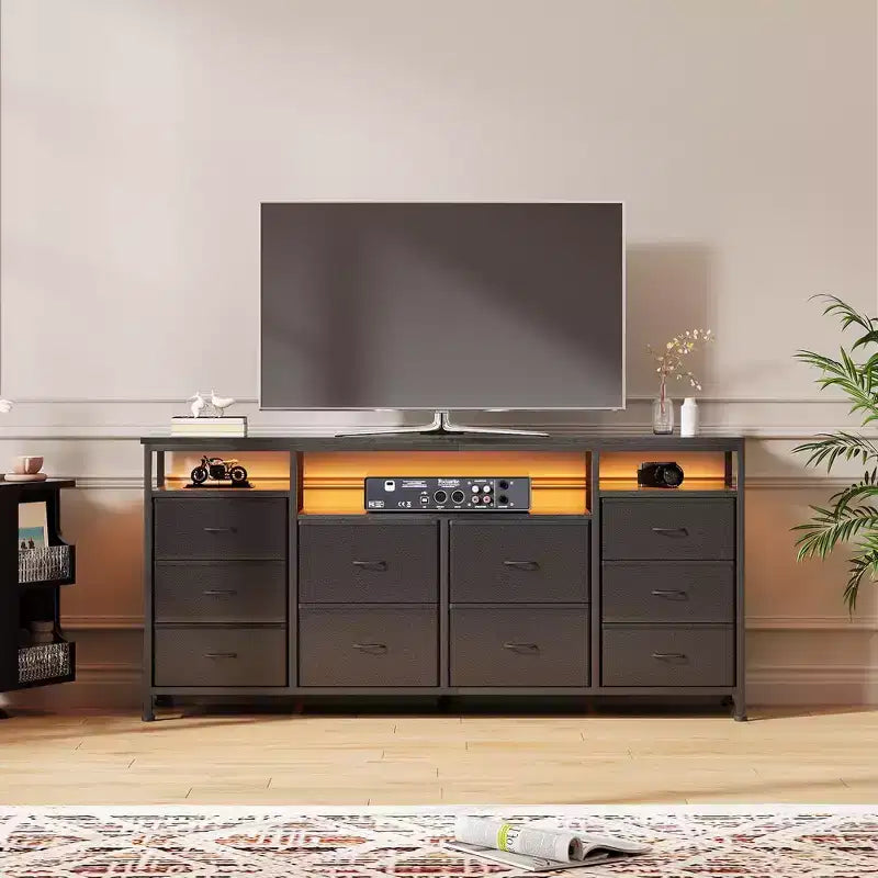 COZONY 63.3 Black Dresser w/10 Drawers, LED Lights&Power Outlets TV Stand for 65-75 Inch TV Entertainment Center for Bedroom Living Room Entryway