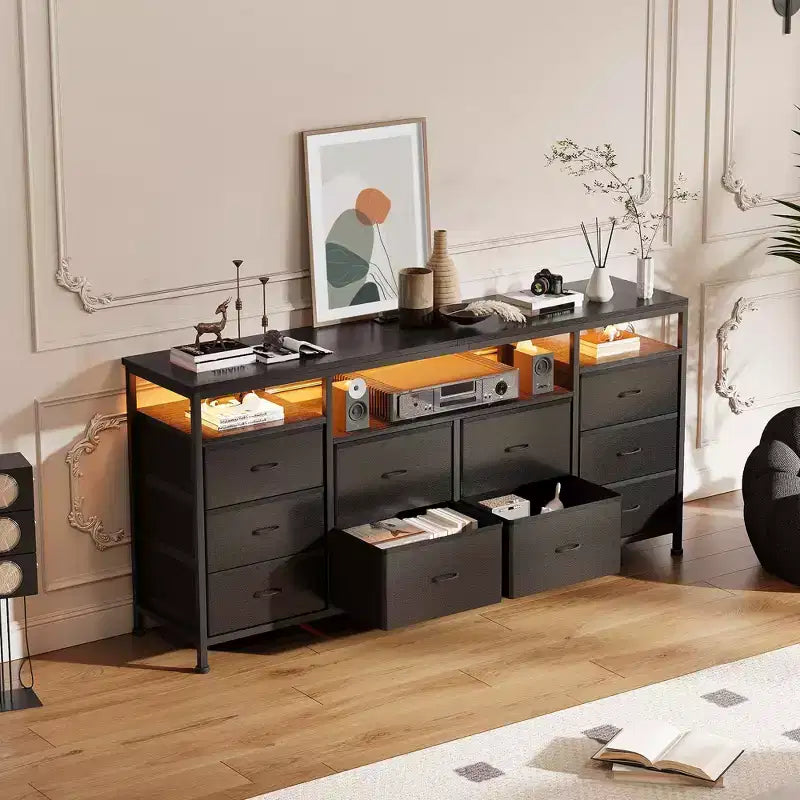 COZONY 63.3 Black Dresser w/10 Drawers, LED Lights&Power Outlets TV Stand for 65-75 Inch TV Entertainment Center for Bedroom Living Room Entryway