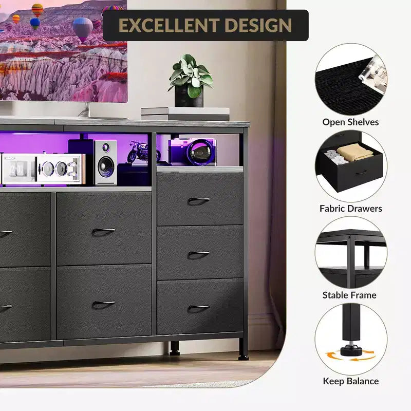 COZONY 63.3 Black Dresser w/10 Drawers, LED Lights&Power Outlets TV Stand for 65-75 Inch TV Entertainment Center for Bedroom Living Room Entryway