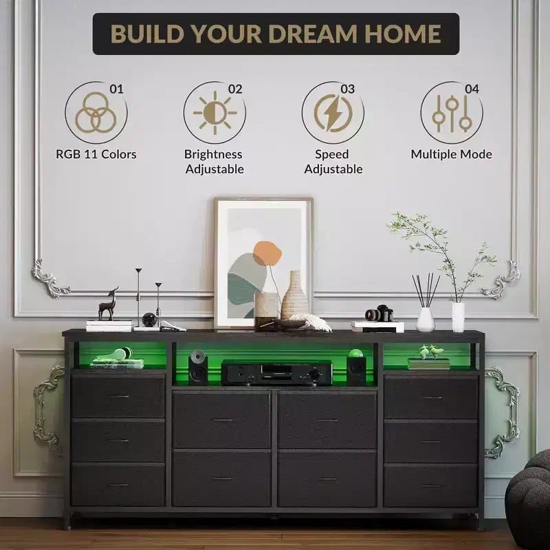 COZONY 63.3 Black Dresser w/10 Drawers, LED Lights&Power Outlets TV Stand for 65-75 Inch TV Entertainment Center for Bedroom Living Room Entryway