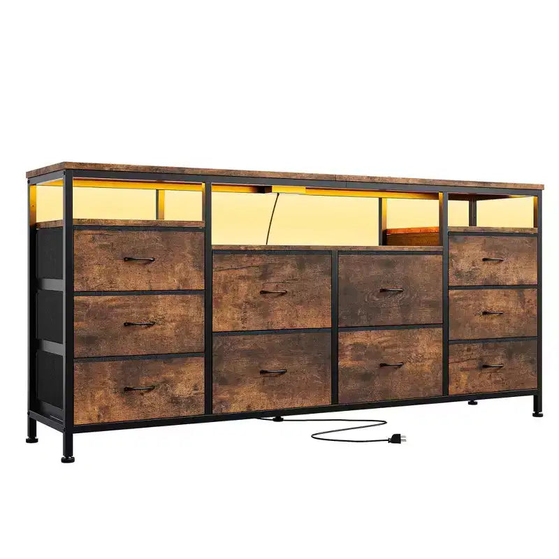 COZONY 63.3 Black Dresser w/10 Drawers, LED Lights&Power Outlets TV Stand for 65-75 Inch TV Entertainment Center for Bedroom Living Room Entryway