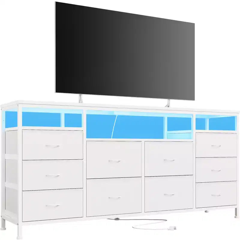 COZONY 63.3 Black Dresser w/10 Drawers, LED Lights&Power Outlets TV Stand for 65-75 Inch TV Entertainment Center for Bedroom Living Room Entryway
