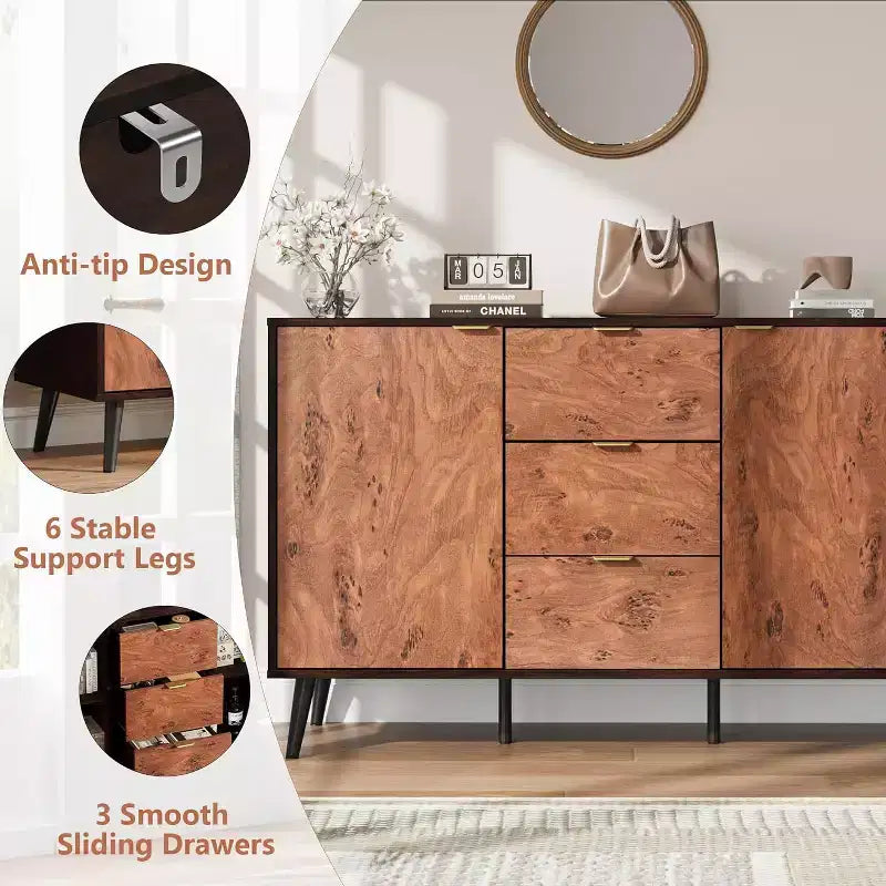 TROPOW Farmhouse Sideboard Buffet Cabinet with Storage, Rustic Wood Kitchen Cabinet with Drawers & Shelves