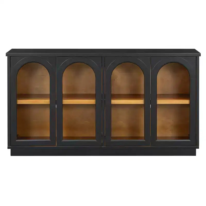 Hostack 4-Door Sideboard Cabinet with Glass Doors, Large Storage and Adjustable Shelves for Kitchen and Dining Room, Black