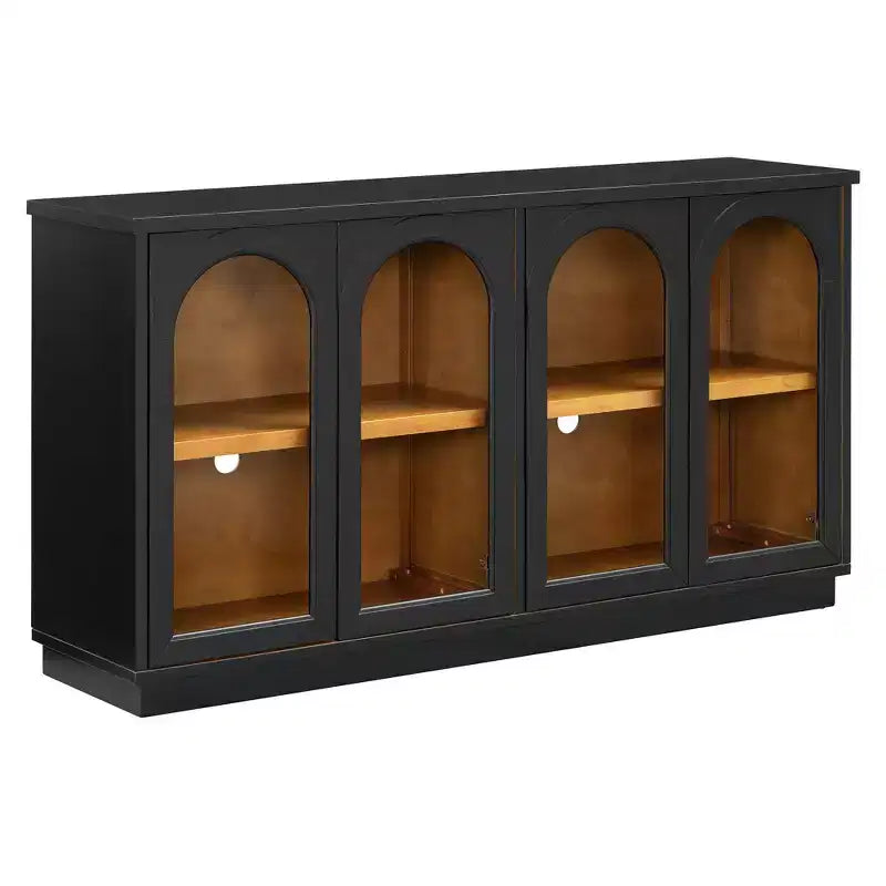Hostack 4-Door Sideboard Cabinet with Glass Doors, Large Storage and Adjustable Shelves for Kitchen and Dining Room, Black