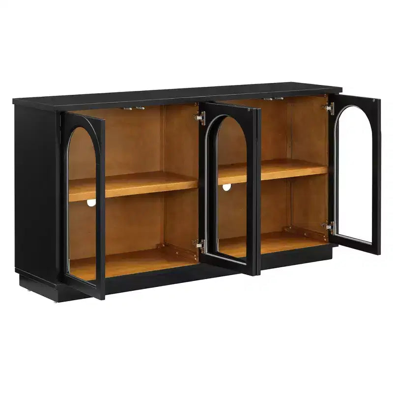Hostack 4-Door Sideboard Cabinet with Glass Doors, Large Storage and Adjustable Shelves for Kitchen and Dining Room, Black