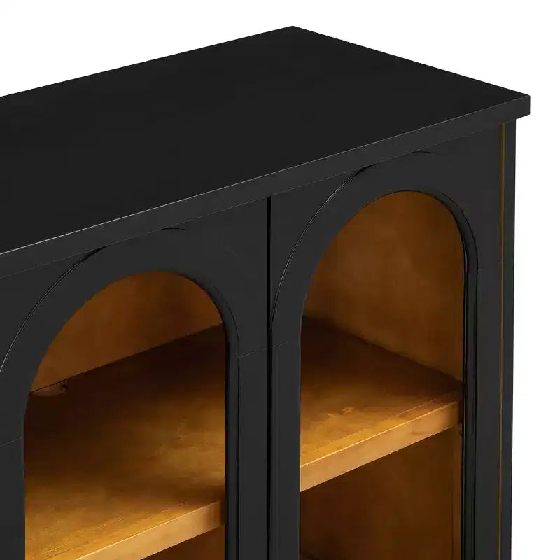 Hostack 4-Door Sideboard Cabinet with Glass Doors, Large Storage and Adjustable Shelves for Kitchen and Dining Room, Black