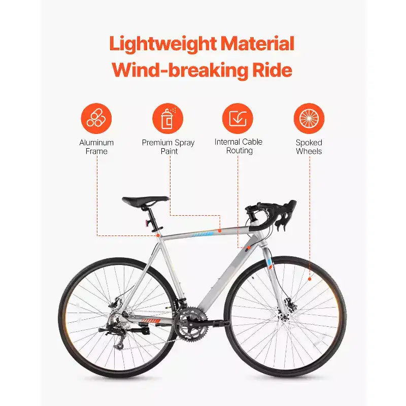 Vélo de route VEVOR, roues de 700C, vélo de course, vélo de route urbain L-TWOO 14 vitesses avec cadre léger en alliage d'aluminium, gris