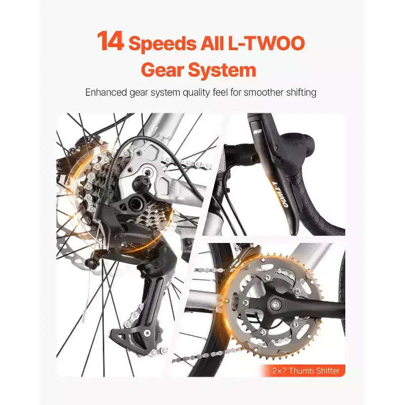 Vélo de route VEVOR, roues de 700C, vélo de course, vélo de route urbain L-TWOO 14 vitesses avec cadre léger en alliage d'aluminium, gris