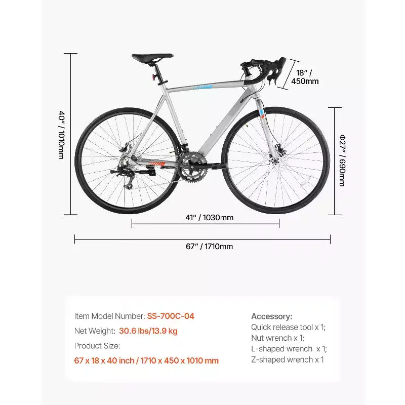 Vélo de route VEVOR, roues de 700C, vélo de course, vélo de route urbain L-TWOO 14 vitesses avec cadre léger en alliage d'aluminium, gris