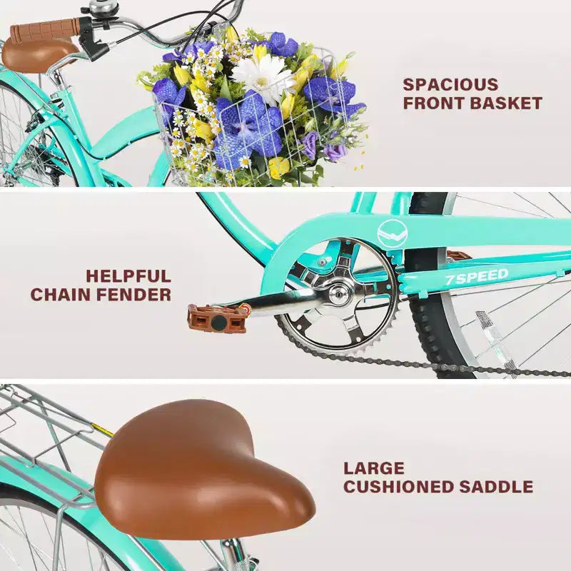 Hykolity 26 Inch Beach Cruiser Bike 7-Speed Commuter Bicycle Outdoor City Bike for Women with Rear Rack High-Carbon Steel Front Rear Fenders & Basket