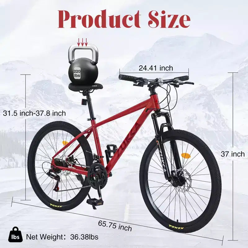 NAYSAYE Bicycle Mountain Bike 24 Speed Steel Frame with Suspension Fork for Adults, Red, 65.75*24.41*37