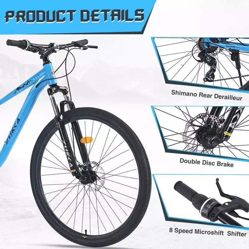 NAYSAYE 29 Inch Mountain Bike 8 Speed Steel Frame with Front Suspension for Adults and Youth, Blue, 70.8*27.1*41.7