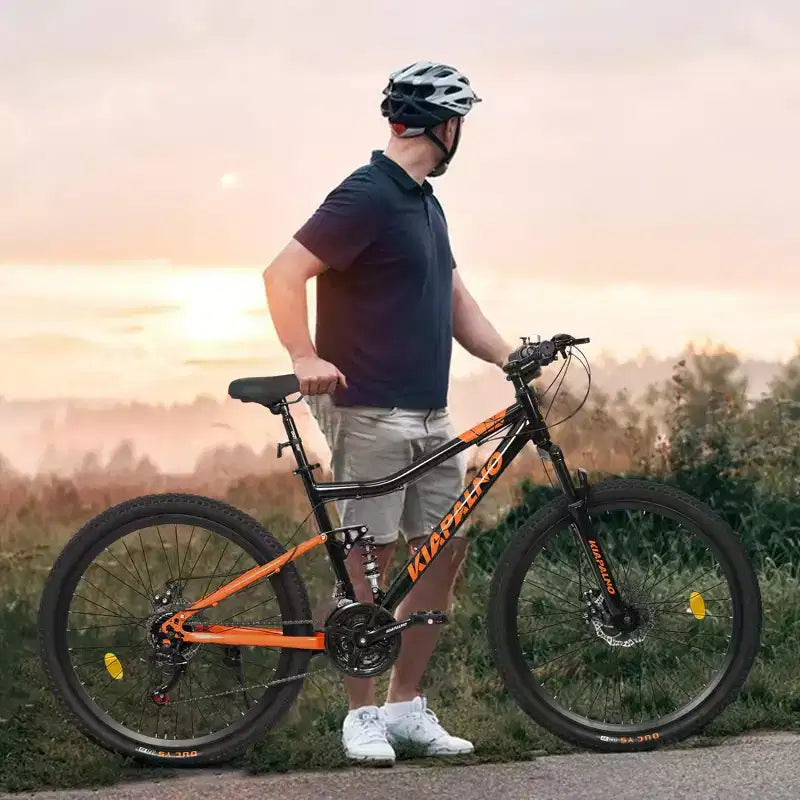 NAYSAYE Vélo VTT 26 Pouces en Acier 21 Vitesses avec Fourche Suspendue et Freins à Disque pour Unisexe, Noir et Orange, 55.91*7.88*28.74