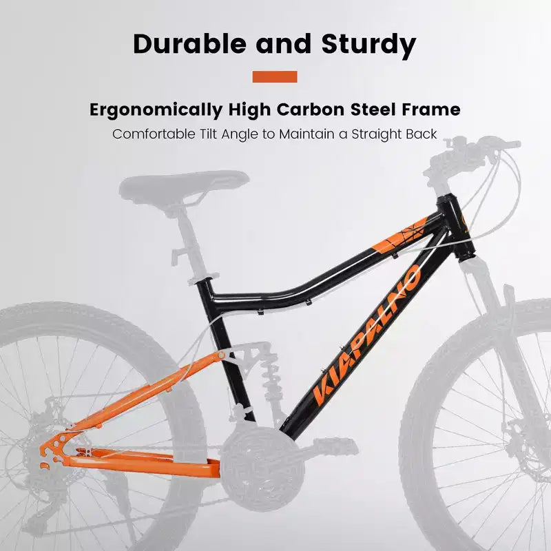 NAYSAYE Vélo VTT 26 Pouces en Acier 21 Vitesses avec Fourche Suspendue et Freins à Disque pour Unisexe, Noir et Orange, 55.91*7.88*28.74