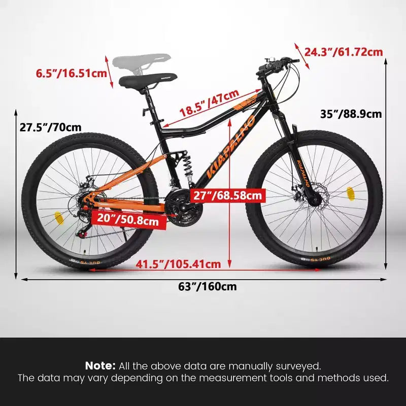 NAYSAYE Vélo VTT 26 Pouces en Acier 21 Vitesses avec Fourche Suspendue et Freins à Disque pour Unisexe, Noir et Orange, 55.91*7.88*28.74