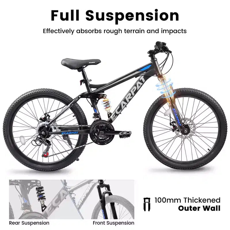 NAYSAYE Vélo VTT tout suspendu 27,5 pouces, 21 vitesses, avec double amortisseur pour hommes et femmes, noir, 68,1*27*39,7
