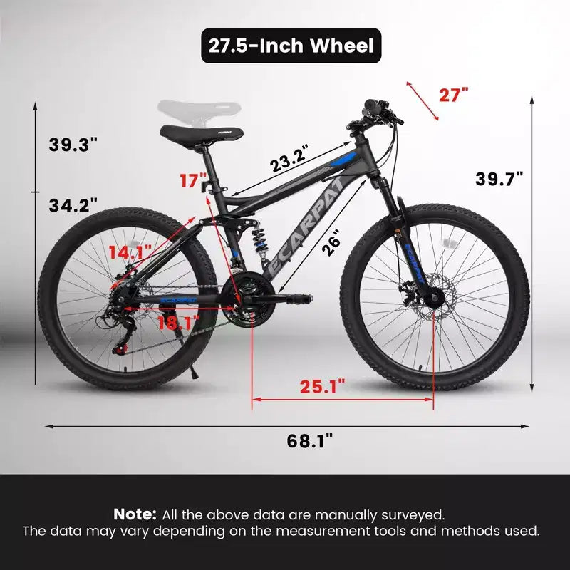 NAYSAYE Vélo VTT tout suspendu 27,5 pouces, 21 vitesses, avec double amortisseur pour hommes et femmes, noir, 68,1*27*39,7