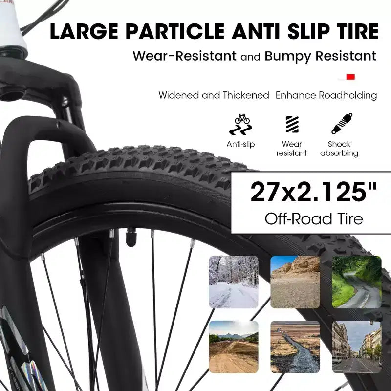 NAYSAYE Vélo VTT 27 pouces avec dérailleur 21 vitesses, fourche suspendue et freins à disque pour hommes et femmes, Blanc, 53.54*7.68*28.35