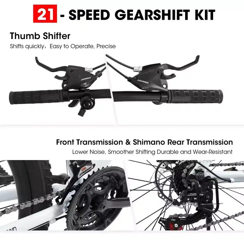 NAYSAYE Vélo VTT 27 pouces avec dérailleur 21 vitesses, fourche suspendue et freins à disque pour hommes et femmes, Blanc, 53.54*7.68*28.35