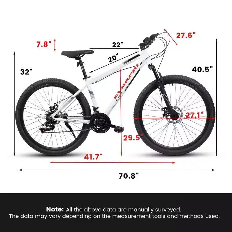 NAYSAYE Vélo VTT 27 pouces avec dérailleur 21 vitesses, fourche suspendue et freins à disque pour hommes et femmes, Blanc, 53.54*7.68*28.35