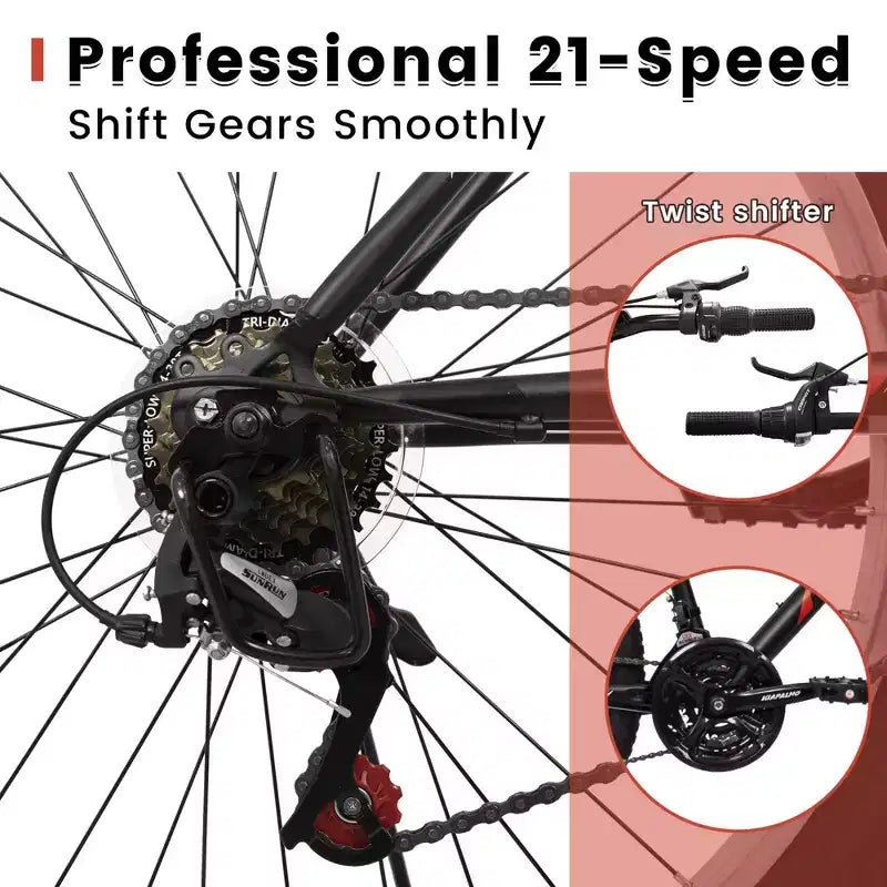 NAYSAYE Bicycle 24 Inch Mountain Bike Frame 21 Speed Dual V Brakes for Adults and Teens for Mountain Riding, Black and Red, 64.57*24.8*34.65