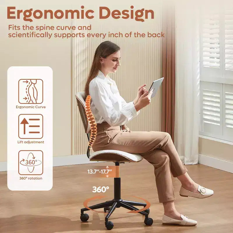 Bestier Bentwood Ergonomic Armless Home Office Desk Chair, Comfy Table Chair with Lumbar Support, PU Leather Height Adjustable Task Chair with Wheels