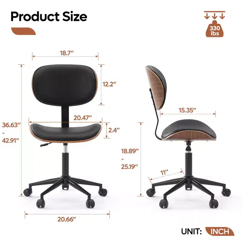 Bestier Bentwood Ergonomic Armless Home Office Desk Chair, Comfy Table Chair with Lumbar Support, PU Leather Height Adjustable Task Chair with Wheels