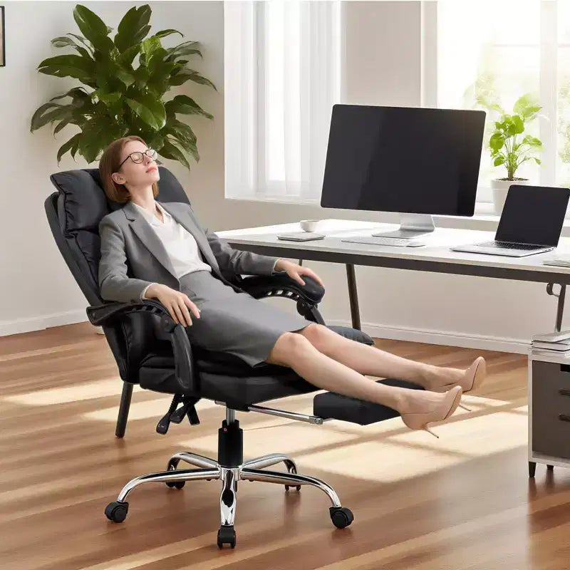 High-Back Executive Office ChairCBlack PU Leather Desk Chair with Footrest, 360 Swivel & Ergonomic SupportCComfortable Home Computer/Gaming Chair