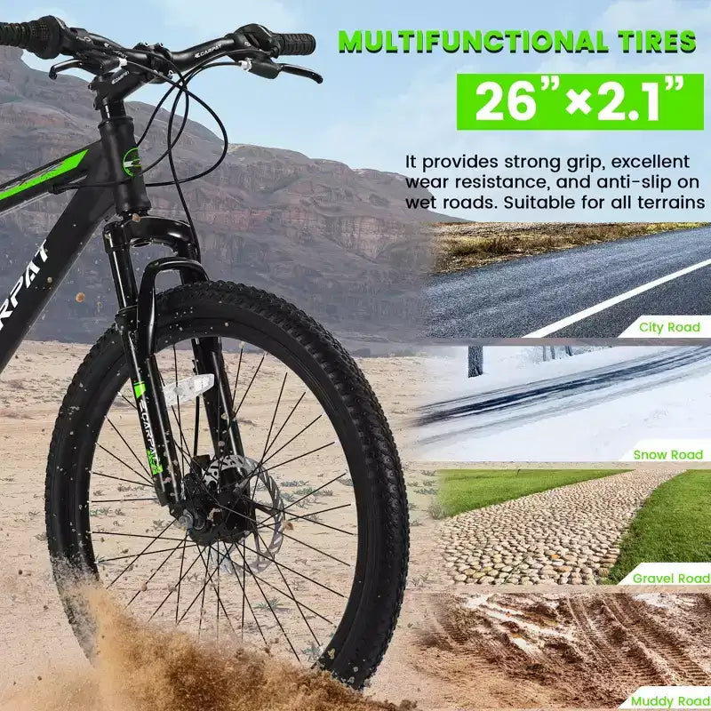 NAYSAYE Vélo VTT 26 Pouces, 21 Vitesses, Freins à Disque, Cadre en Acier Carbone, Vélos pour Adultes pour le Tout-Terrain, Noir et Vert, 71*25*39.3