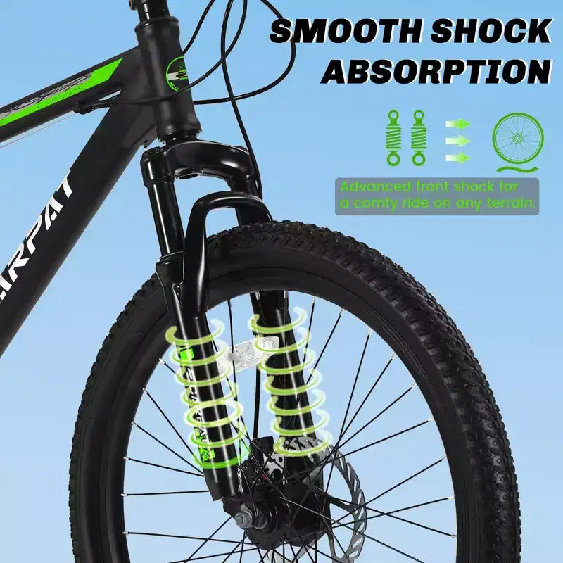 NAYSAYE Vélo VTT 26 Pouces, 21 Vitesses, Freins à Disque, Cadre en Acier Carbone, Vélos pour Adultes pour le Tout-Terrain, Noir et Vert, 71*25*39.3