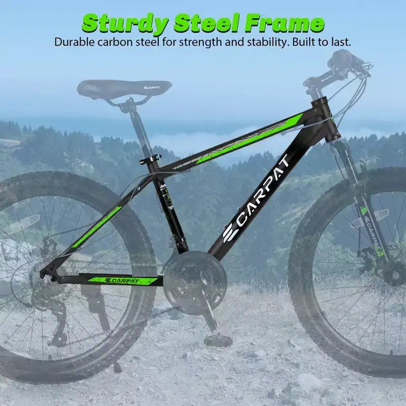 NAYSAYE Vélo VTT 26 Pouces, 21 Vitesses, Freins à Disque, Cadre en Acier Carbone, Vélos pour Adultes pour le Tout-Terrain, Noir et Vert, 71*25*39.3