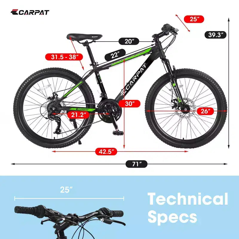 NAYSAYE Vélo VTT 26 Pouces, 21 Vitesses, Freins à Disque, Cadre en Acier Carbone, Vélos pour Adultes pour le Tout-Terrain, Noir et Vert, 71*25*39.3