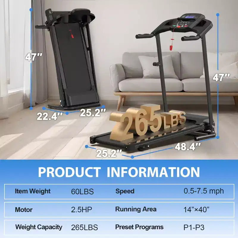 FYC Foldable Electric Treadmill for Home, 2.5HP Quiet 7.5 MPH with Heart Rate Sensor and LCD Display