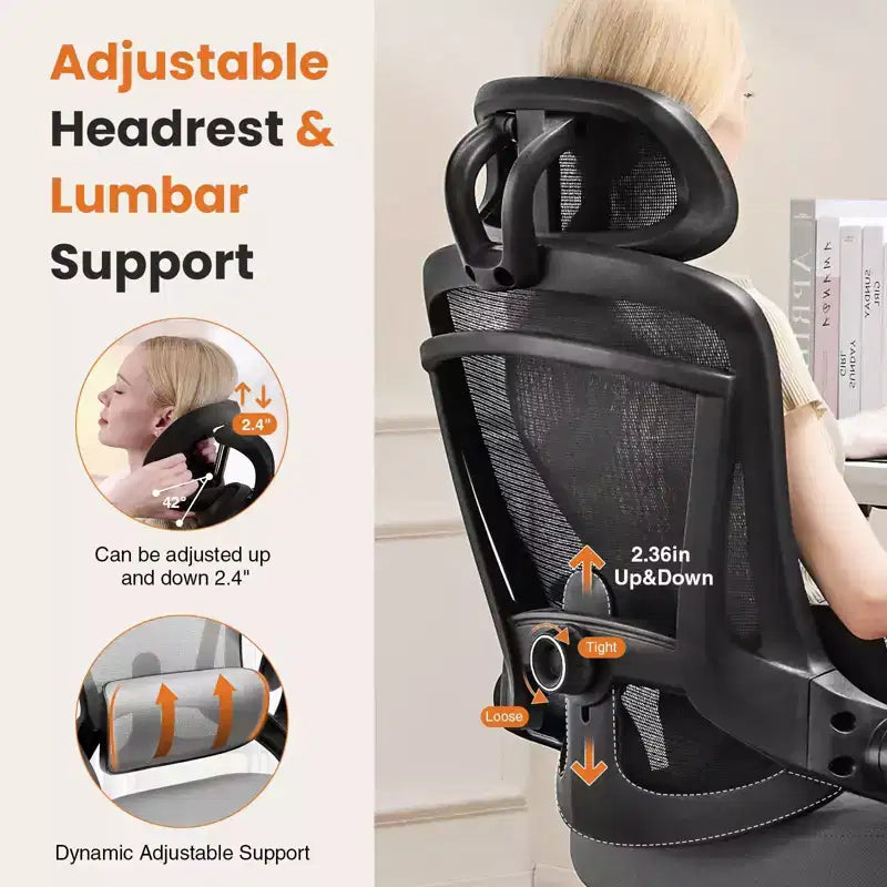 Chaise de bureau ergonomique Okak à dossier haut avec support lombaire réglable, chaise de jeu avec appuie-tête en maille, chaise d'ordinateur pour la maison, le bureau