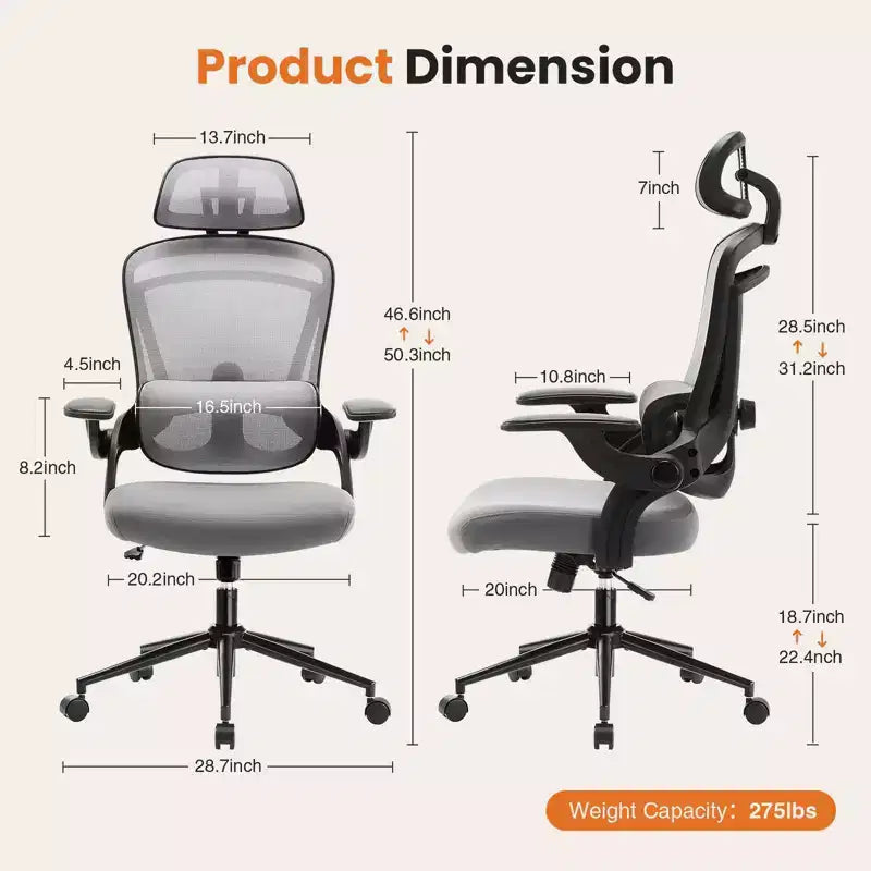 Chaise de bureau ergonomique Okak à dossier haut avec support lombaire réglable, chaise de jeu avec appuie-tête en maille, chaise d'ordinateur pour la maison, le bureau