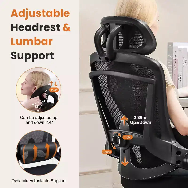 Chaise de bureau ergonomique Okak à dossier haut avec support lombaire réglable, chaise de jeu avec appuie-tête en maille, chaise d'ordinateur pour la maison, le bureau