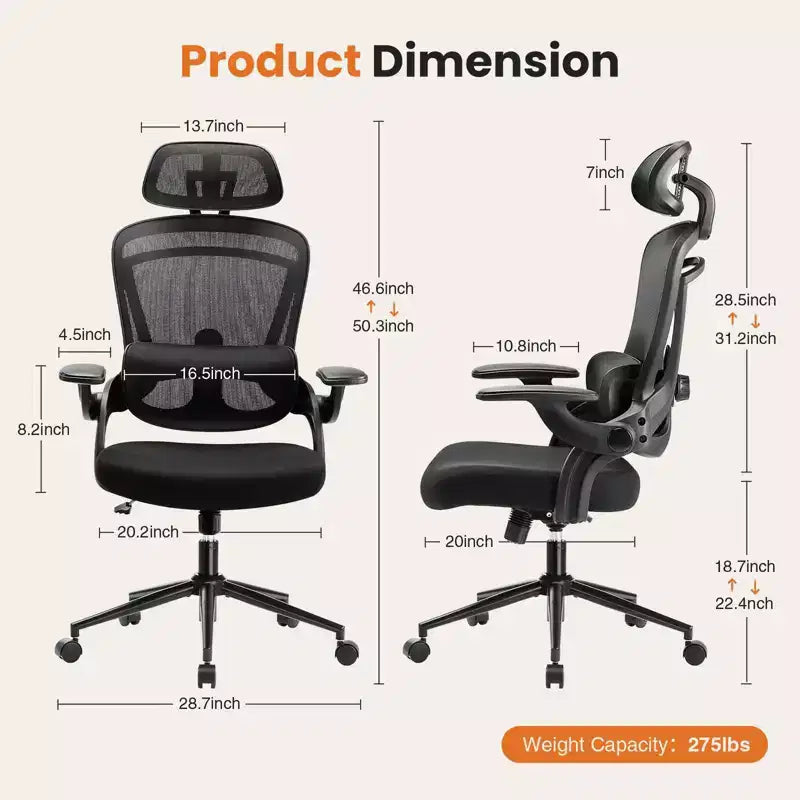 Chaise de bureau ergonomique Okak à dossier haut avec support lombaire réglable, chaise de jeu avec appuie-tête en maille, chaise d'ordinateur pour la maison, le bureau