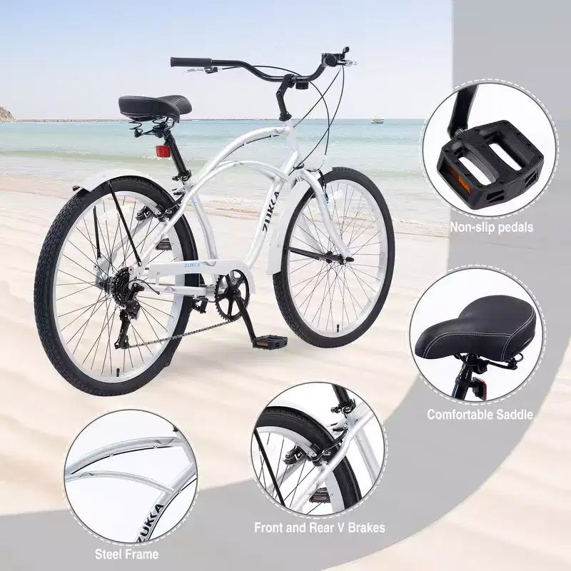 Vélos d'extérieur Whisen 26 pour adultes avec cadre en acier à enjambement bas, 7 vitesses, freins avant et arrière en V