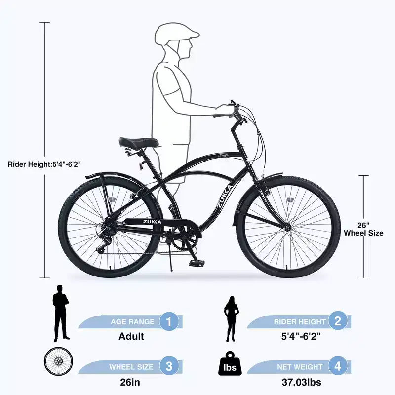 Vélos d'extérieur Whisen 26 pour adultes avec cadre en acier à enjambement bas, 7 vitesses, freins avant et arrière en V