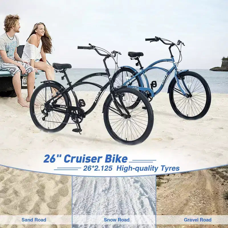 Vélos d'extérieur Whisen 26 pour adultes avec cadre en acier à enjambement bas, 7 vitesses, freins avant et arrière en V