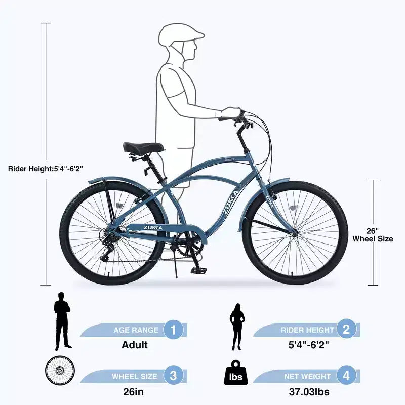 Vélos d'extérieur Whisen 26 pour adultes avec cadre en acier à enjambement bas, 7 vitesses, freins avant et arrière en V