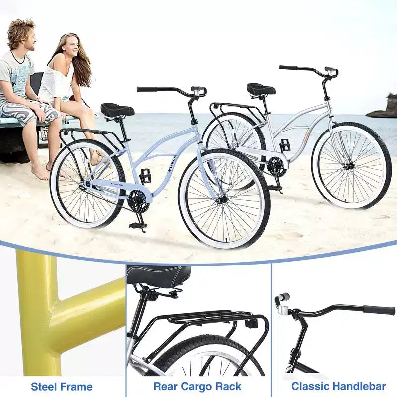 Whisen 26 Men's Beach Cruiser Bike, Single Speed Bicycles with Steel Frame, Wide Wheels for Stability